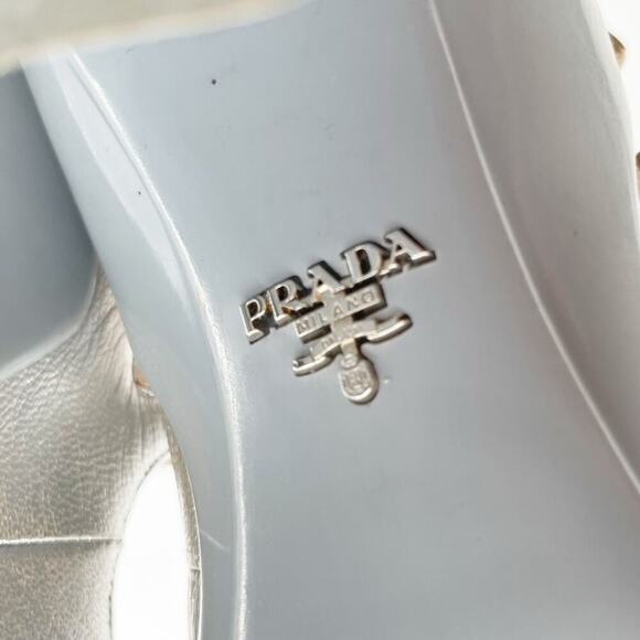 Prada F/W 2015 Silver Metallic Leather Mary Jane Rubber Trim Block Heels IT 37.5 - Picture 14 of 16
